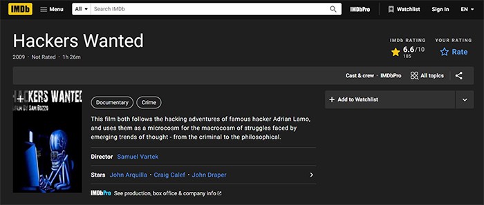 an image with Hackers Wanted documentary on IMDb.com site 