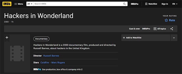 an image with Hackers in Wonderland documentary on IMDb.com site
