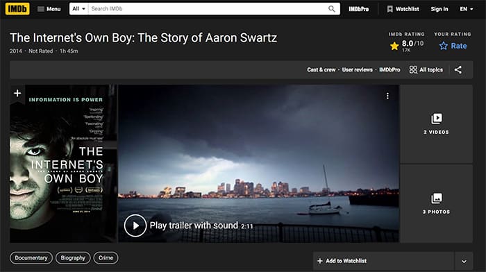 an image with The Internet’s Own Boy: The Story of Aaron Swartz (2014) documentary on IMBd.com site
