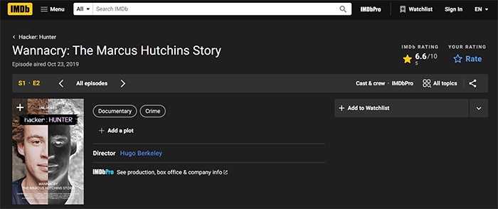 an image with The WannaCry: The Marcus Hutchins Story documentary on IMDb.com site