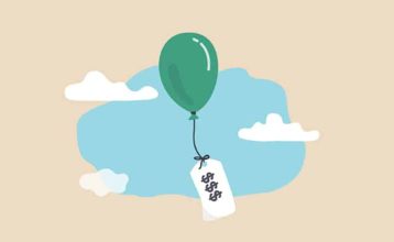 an image with balloon flying in clouds  tied with price tag vector illustration