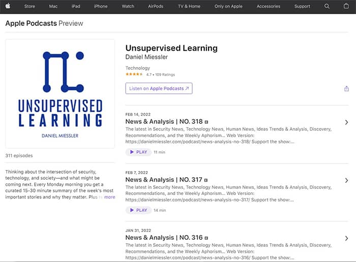 an image with Unsupervised learning podcast screenshot on apple.com