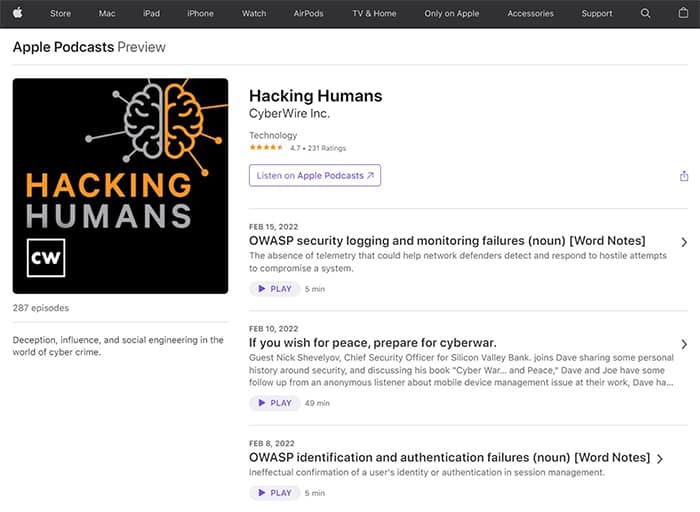 an image with Hacking Humans Podcast  screenshot from apple.com