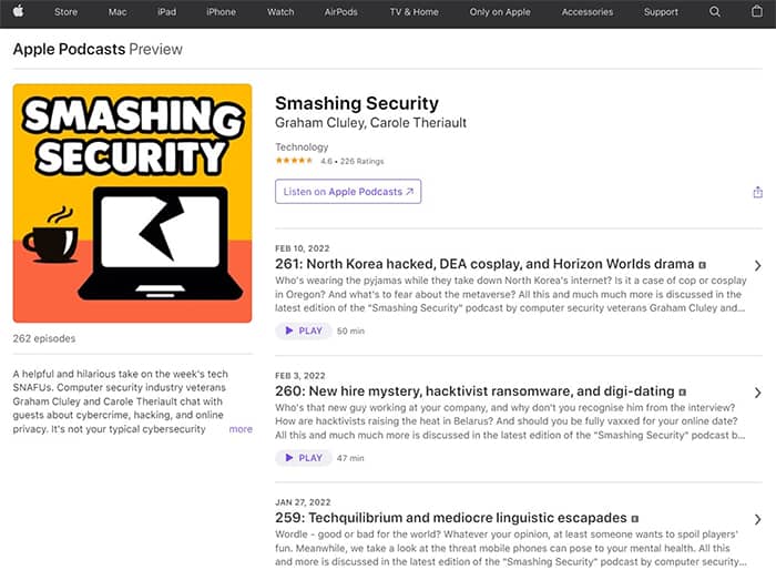 an image with Smashing Security podcast screenshot from apple.com
