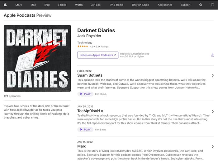 an image with Darknet Diaries podcast screenshot from apple.com