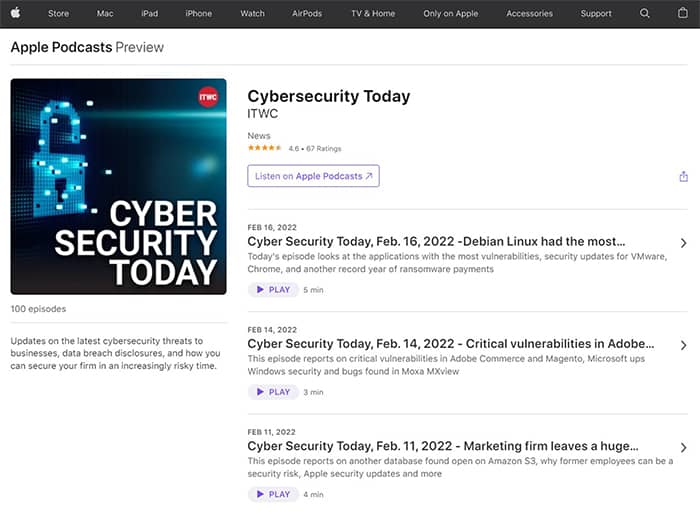 an image with Cyber Security Today podcast screenshot from apple.com