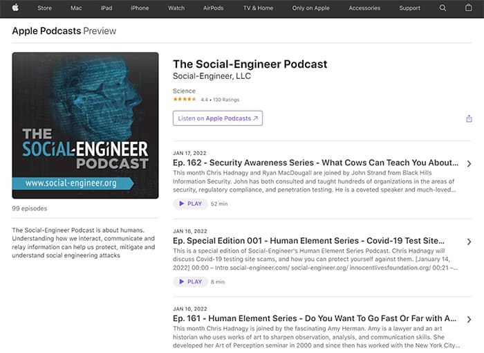 an image with The Social-Engineer Program podcast screenshot from apple.com