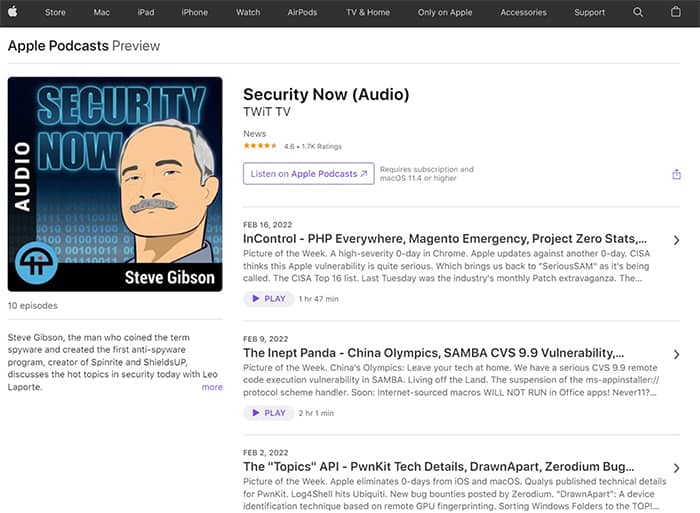 an image with Security Now! podcast screenshot from apple.com