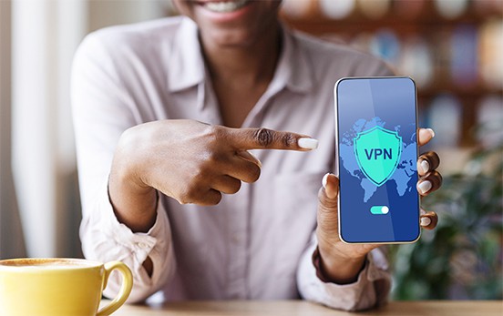 an image with woman pointing finger on VPN opened on smartphone 