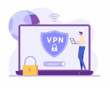 an image with person using laptop and protecting personal data with VPN. Vector illustration 