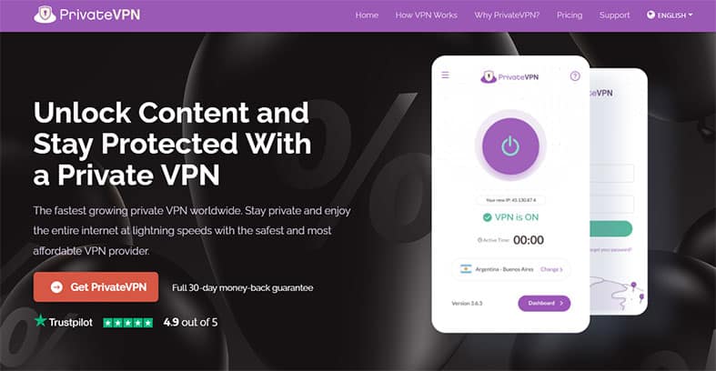 An image featuring the official PrivateVPN website homepage screenshot