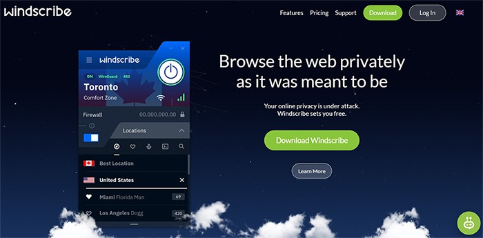 an image with Windscribe homepage screenshot