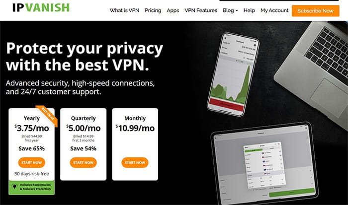 an image with IPVanish  homepage screenshot