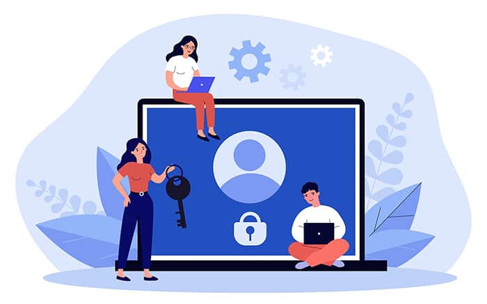 an image with people trying to unlock account on laptop. vector illustration 