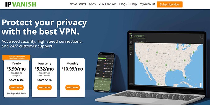 an image with IPVanish homepage screenshot