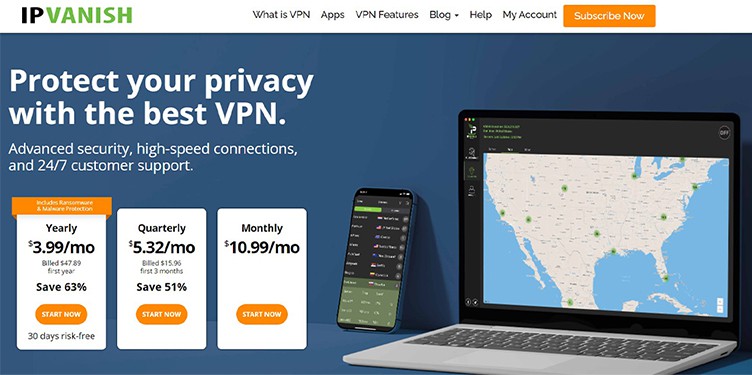 an image with IPVanish homepage screenshot