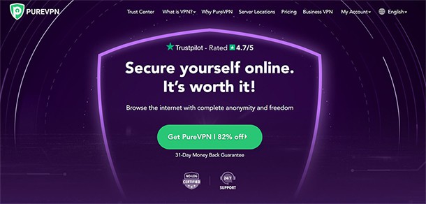 an image with Pure VPN homepage screenshot