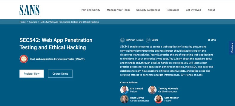 SANS SEC542: Web App Penetration Testing and Ethical Hacking