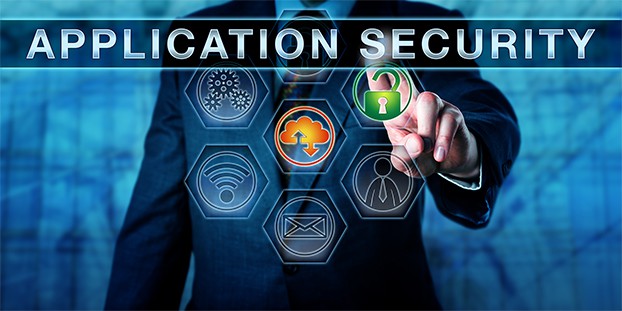 an image with businessman pushing application security button on virtual touchpad 