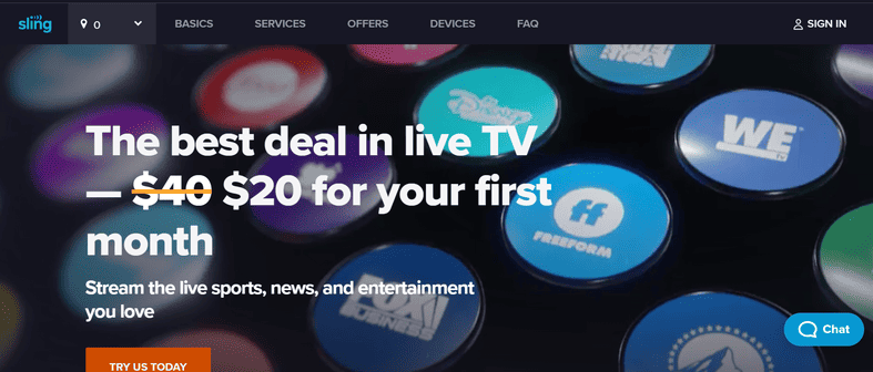 An image featuring the Sling TV website screenshot