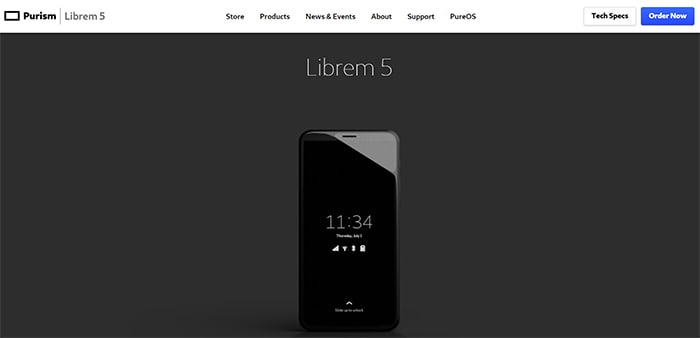 an image with Purism Librem 5 homepage screenshot