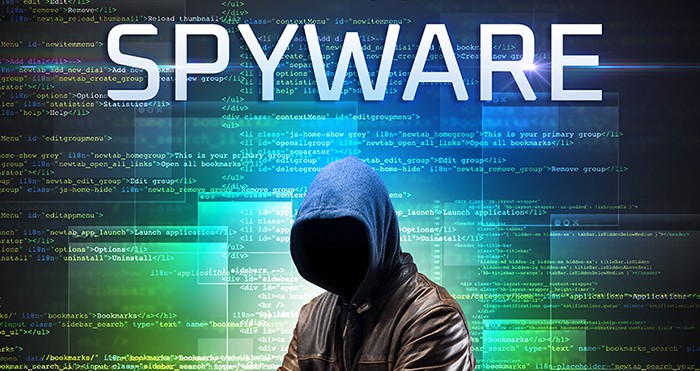 an image with hacker with no face and spyware inscription 