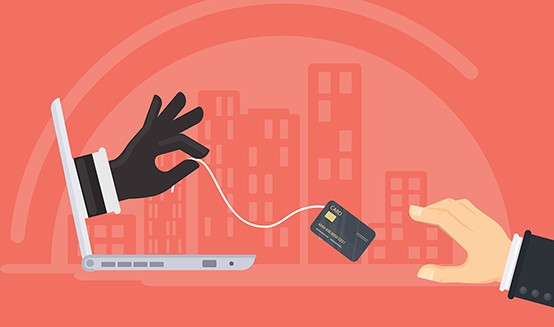 an image with hacker stealing businessmen credit card over laptop vector illustration 