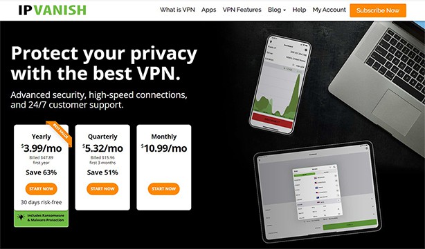 an image with IPVanish homepage screenshot