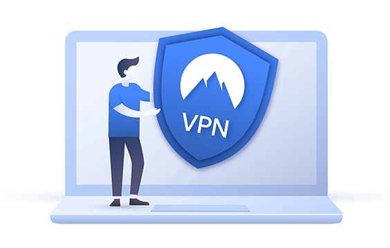 An image featuring a person holding a VPN logo sign on top of a laptop concept