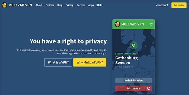 an image with Mullvad VPN homepage screenshot