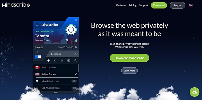 an image with Windscribe homepage screenshot 