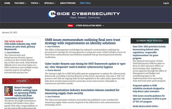 an image with Inside Cybersecurity homepage 