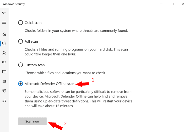 Selecting Microsoft Defender Offline scan