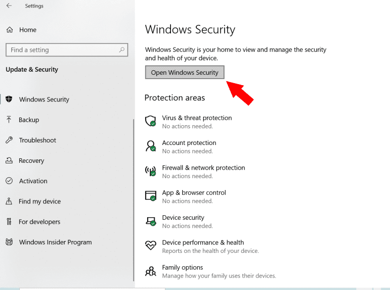 Windows Security settings